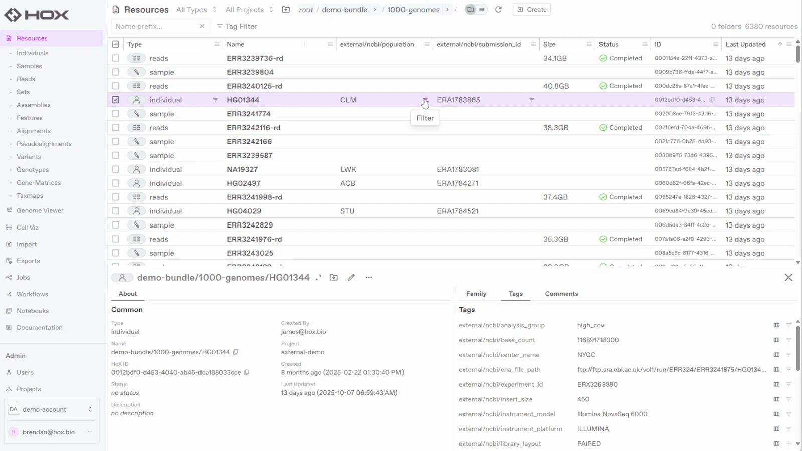 Resource browser with typed records, tags, and filters