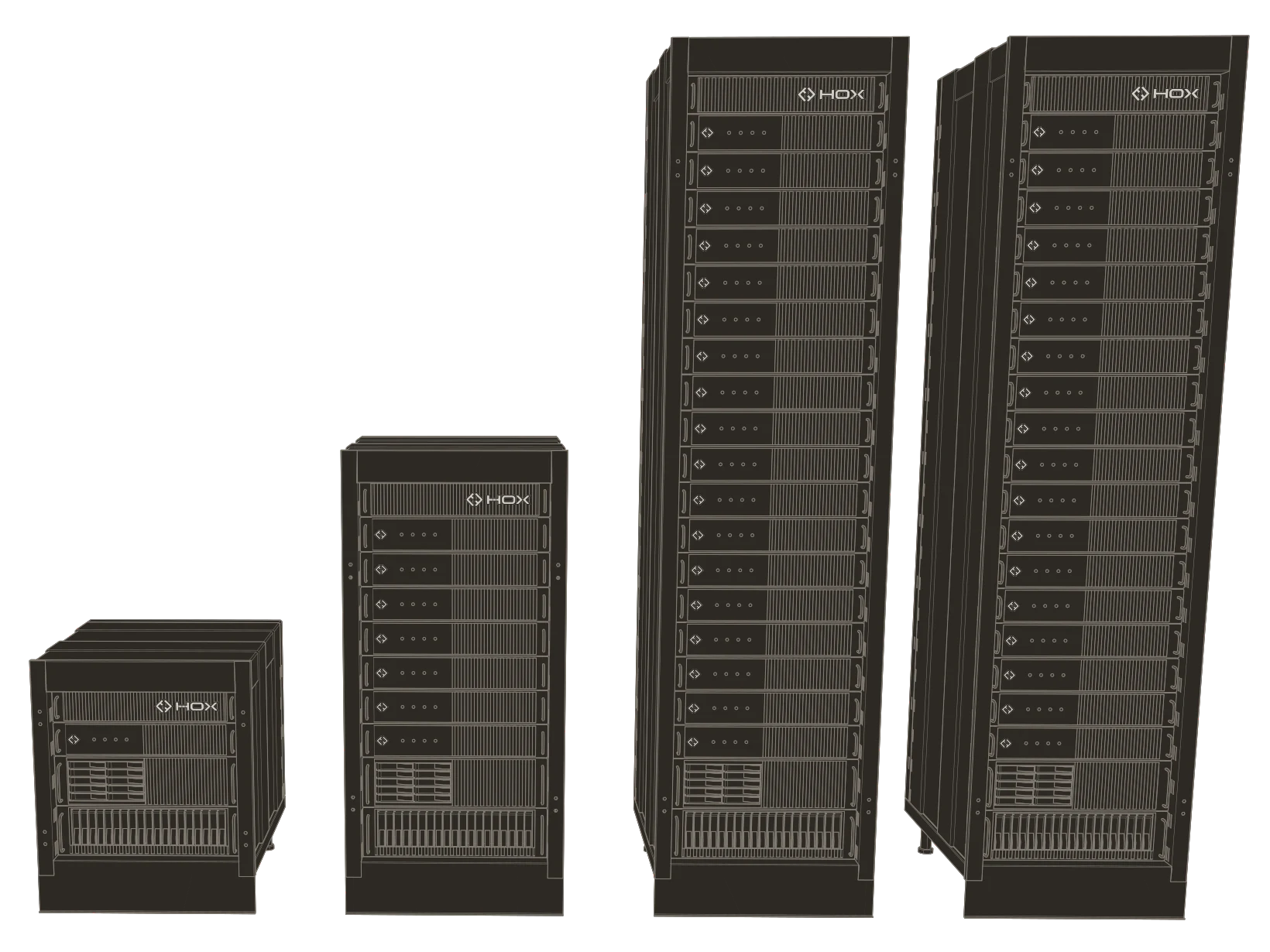 HoX rack deployments at four scales, from benchtop node to full data center rack